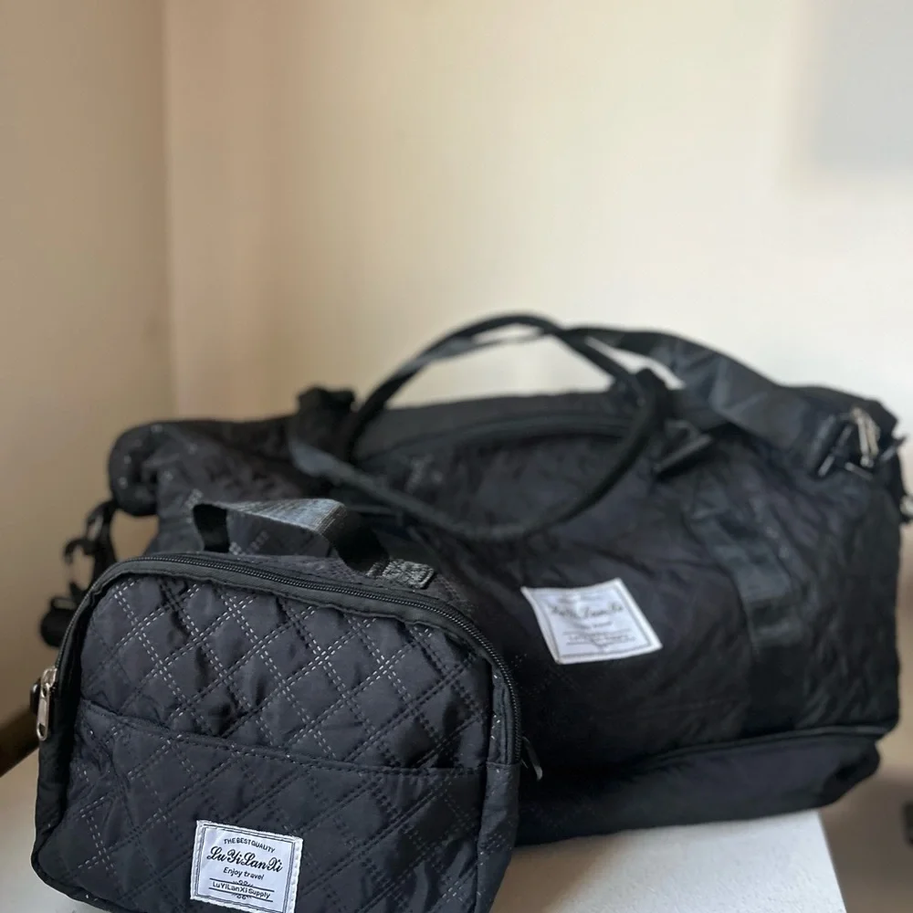 2 pcs set Black Quilted Duffel Bag Set travel bags